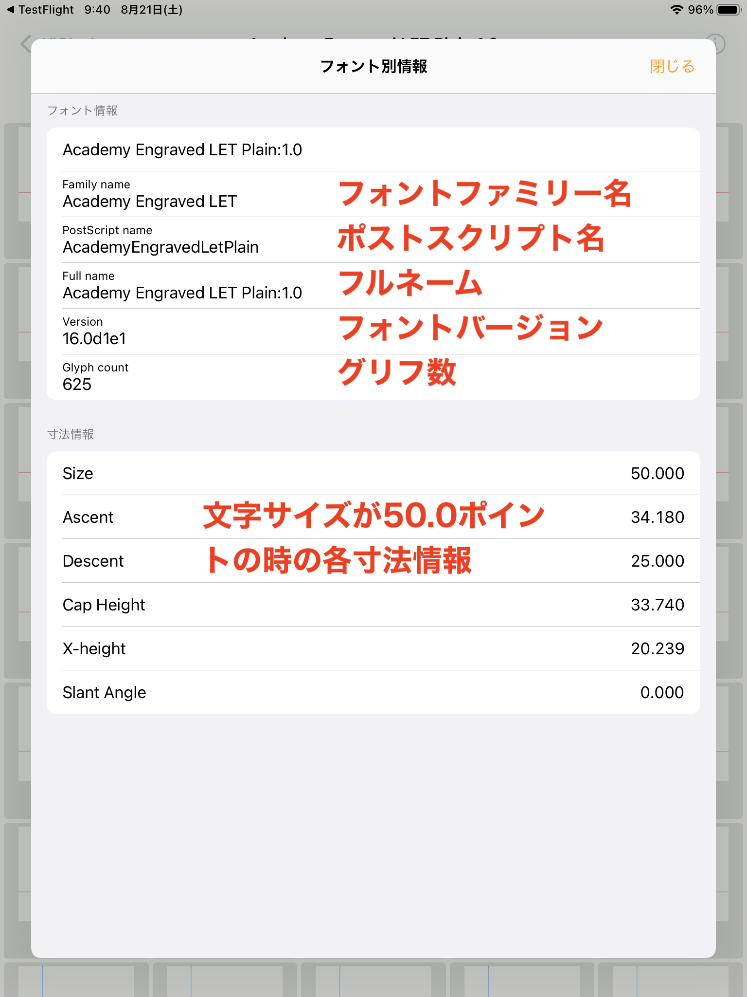 フォント別情報ではポストスクリプト名やバージョンとグリフ数を確認できます。